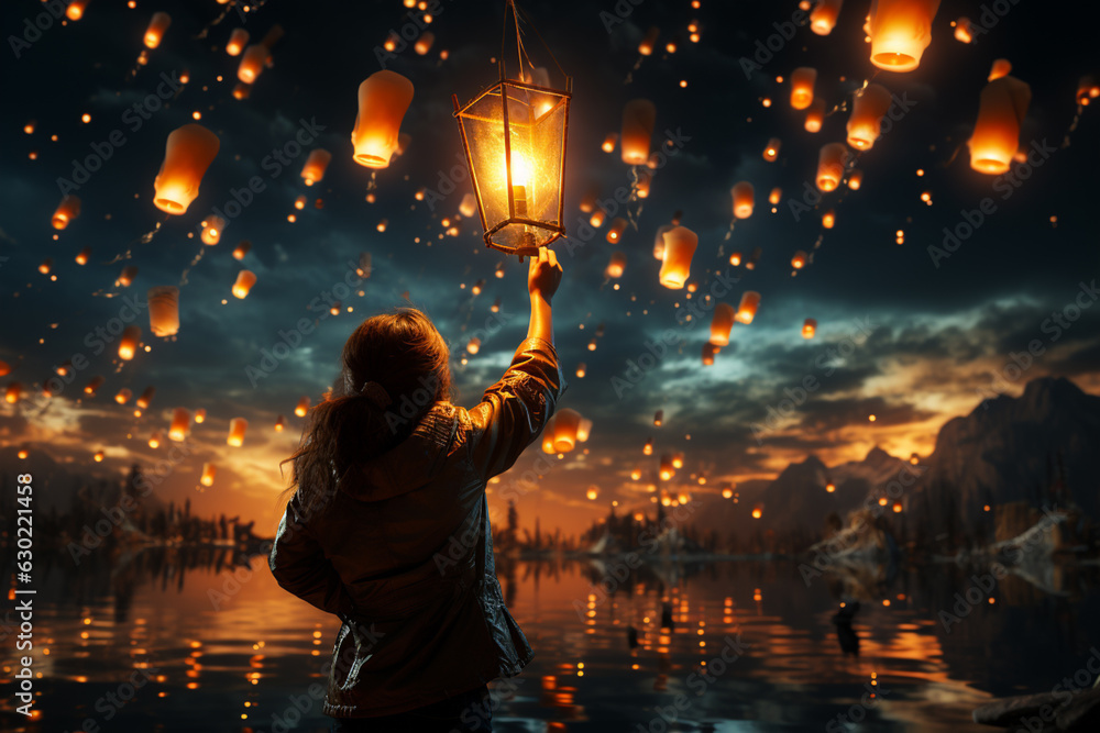 Poster a person releasing a lantern into the sky, symbolizing the release of the past and the embracing of 