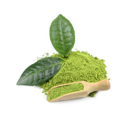 Scoop with green matcha powder and leaves isolated on white