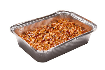 Baked sushi rolls in a baking dish isolated on white background. Hot sushi rolls with different kind of fish and fillings. Hot sushi with tender tuna