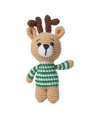 One crochet deer isolated on white. Children's toy