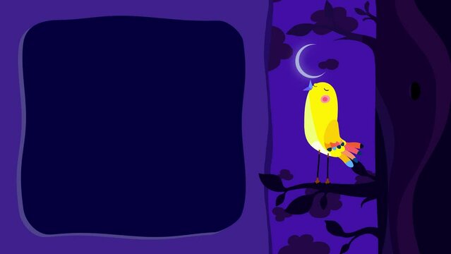 Nightingale or canary cartoon character singing night animation for titles. Cute intro frame included, seamless loop. Night, moon, clouds, tree and sky.