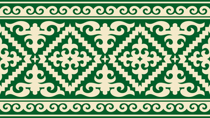 Vector green and gold seamless Kazakh national ornament. Ethnic endless pattern of the peoples of the Great Steppe, .Mongols, Kyrgyz, Kalmyks, Buryats. circle, frame border.