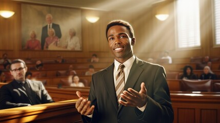 Lawyer black man in court room presents side interests in dispute before judge, attractive man attorney appears in courtroom in front of jury, lawyer protects rights of defendant, generative AI