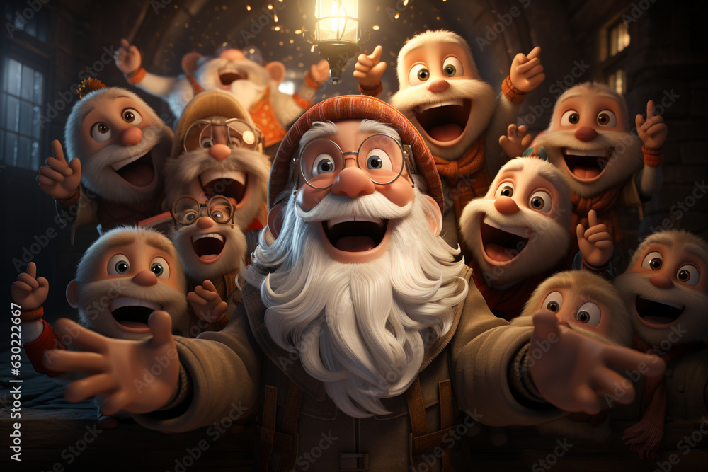 Poster a cute cartoon of santa claus taking a selfie with a group of animated holiday characters. generativ