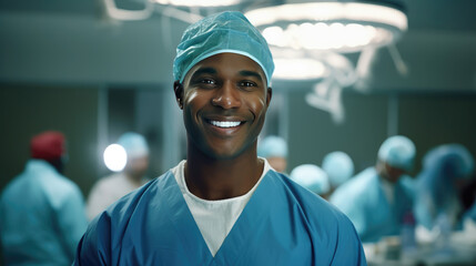 Smiling surgeon black man in surgical operating room, talented doctor surgeon successfully performed complex surgery on patient, happy smiling black man in a medical coat and cap, generative AI