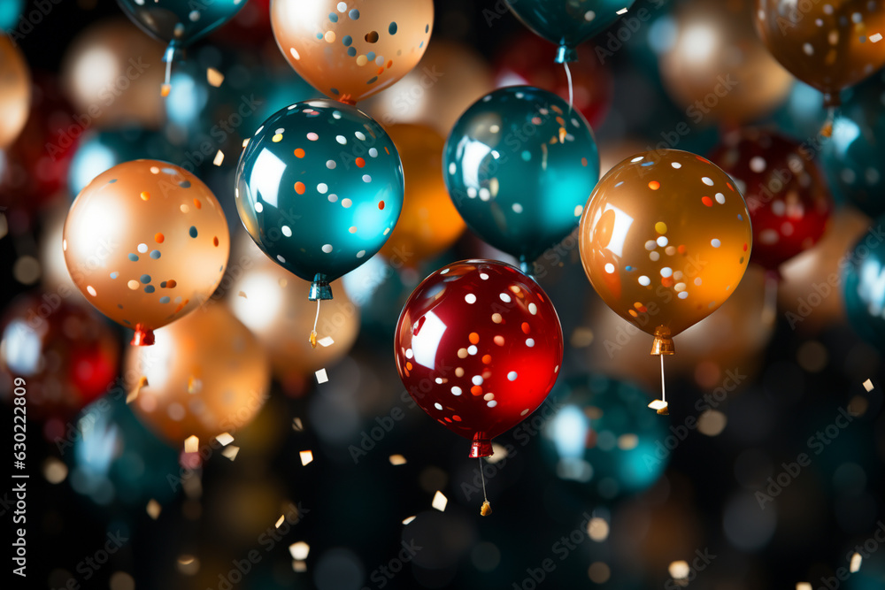 Poster Abstract balloons floating in the air, filled with a mix of colors, representing the joy and excitement of the New Year.  Generative AI technology.