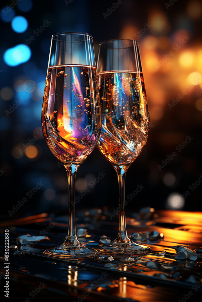 Poster a vibrant abstract background featuring festive champagne glasses clinking together to toast the new