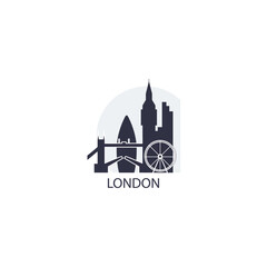 UK  England London city cityscape skyline capital panorama vector flat modern logo icon. United Kingdom emblem idea with landmarks and building silhouettes at sunrise sunset