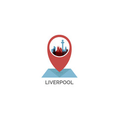 UK North West England Liverpool map pin point geolocation modern skyline shape pointer vector logo icon isolated illustration. United Kingdom web emblem idea with landmarks and building silhouettes