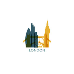 UK,  England, London city, cityscape, skyline, panoramic vector flat logo, icon. United Kingdom emblem contour with landmarks and building silhouettes