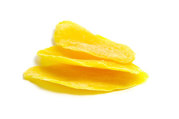 Naklejka na ściany i meble Dried mango slices isolated on white background. Candied mango fruit chips
