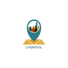 UK , England Liverpool map pin point, geolocation, skyline shape vector logo, icon, isolated illustration. United Kingdom web emblem concept with landmarks and building silhouettes