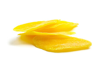 Fototapeta na wymiar Dehydrated mango slices isolated on white background. Dry candied mango fruit chips