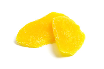 Dried mango slices isolated on white background. Two dehydrated mango slices. Candied mango fruits