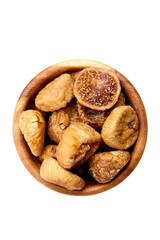 Dried figs in wooden bowl isolated on white, top view. Sweet dried fruits, halved fig