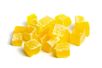 Diced mango dried fruits isolated on white background. Dehydrated mango chips dices