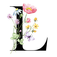  Floral alphabet, letter L with watercolor flowers and leaf. Monogram initials perfectly for wedding invitations, greeting card, logo, poster and other design. Hand painting.
