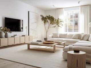 Fototapeta premium White modern living room with television and decoration. Generative AI