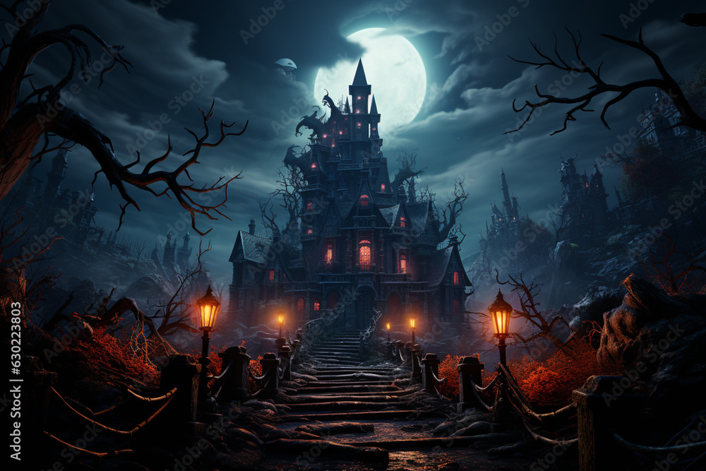 Poster a haunted mansion with a full moon and spooky clouds in the background. generative ai technology.