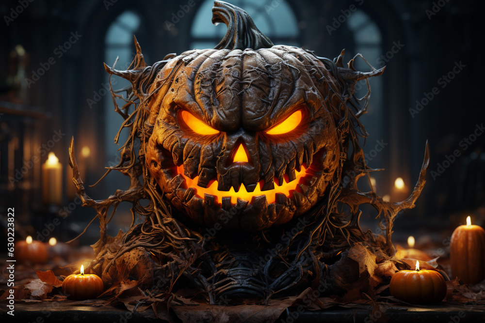 Poster A spooky Jack-o'-lantern with a sinister grin against a dark background.  Generative AI technology.