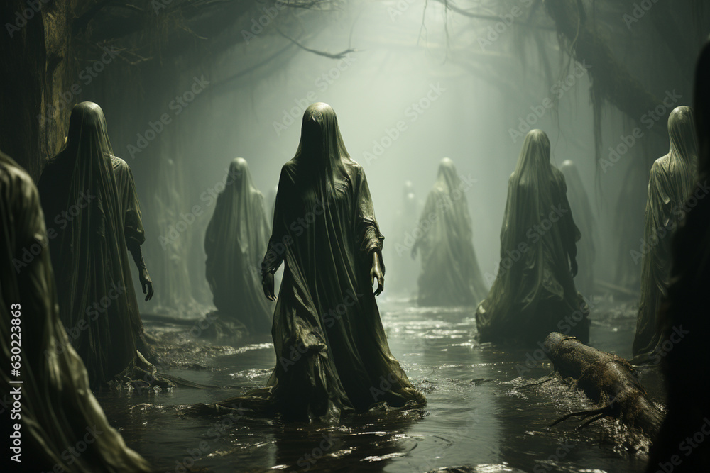 Poster A haunted forest with ghostly apparitions floating among the trees.  Generative AI technology.