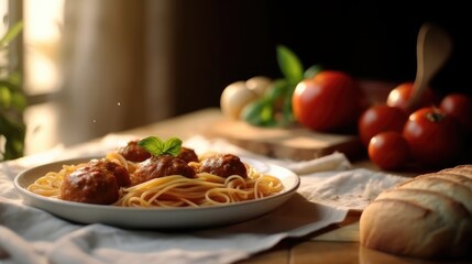 Close up view of classic tomato spaghetti with meatball, Italian dish. Generative AI.