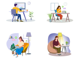 4 illustrations of everyday life on a white background