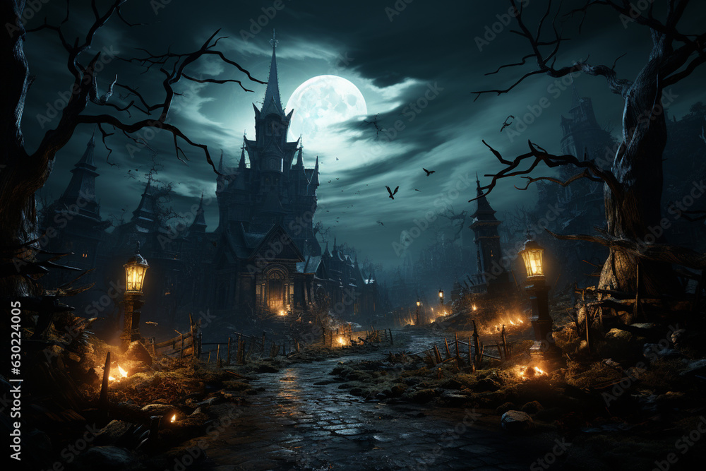 Aufkleber a haunted cemetery with bats flying overhead and a full moon illuminating the scene. generative ai t