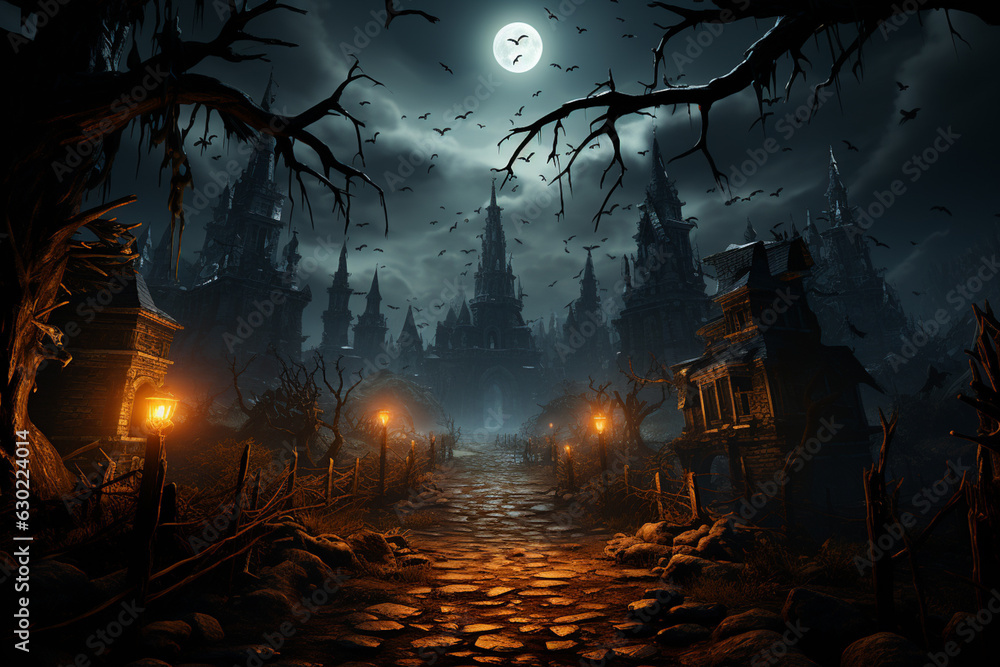 Poster a haunted cemetery with bats flying overhead and a full moon illuminating the scene. generative ai t