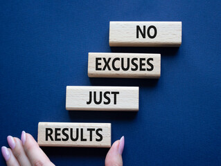 No excuses just results symbol. Wooden blocks with words No excuses just results. Businessman hand. Beautiful deep blue background. Business and No excuses just results concept. Copy space.