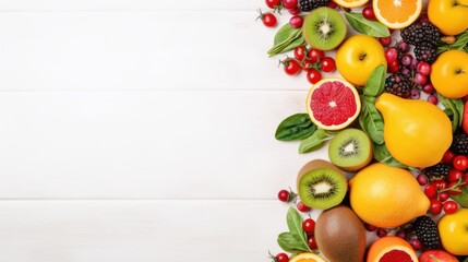 Fruits and vegetables on white wooden background. Healthy food concept with copy-space. Top view.
