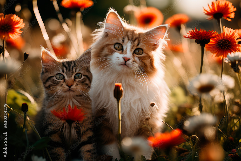 Wall mural Cat mum and a kitten the child sit on the summer meadow