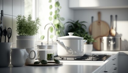 Spacious modern white kitchen interior with big casserole and other utensil objects. Cozy indoor background.