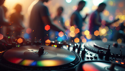 Professional dj music mixing turntable console on the foreground and blurred crowd of dancing...