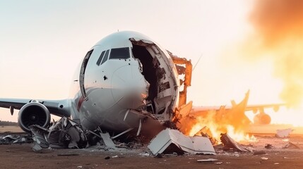 Illustration of airplane crash accident with destroyed burning plane. Outdoor background.