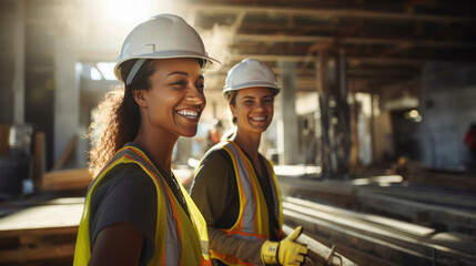 Portrait of two professional young female industry engineers or workers wearing a safety uniform and a hard hat. - obrazy, fototapety, plakaty