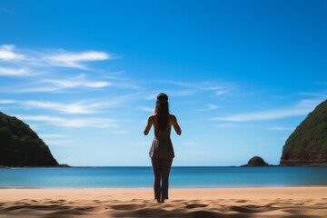 Fototapeta premium Woman Doing Yoga On A Peaceful Beach, Generative AI