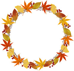 秋のリース　紅葉と銀杏と落ち葉と赤い実　円フレーム