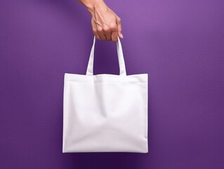 Empty mock up cloth bag, hand holding cloth bag, violet background. Generative AI