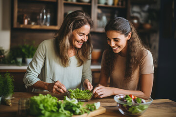 mother and her teenage daughter are happily cooking together.