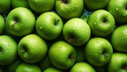 Top view of bright ripe fragrant green apples with water drops