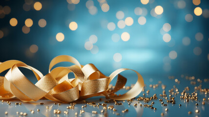 gold color of rolling ribbon and confetti on light blue background with copy space text or logo.