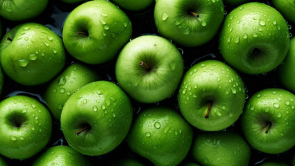 Obraz premium Top view of bright ripe fragrant green apples with water drops