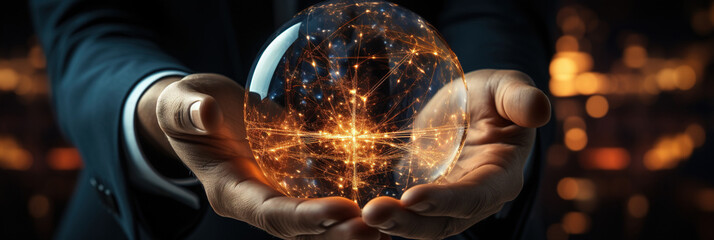 Businessman hold global business globe with network connected to digital marketing strategy and creative solution.