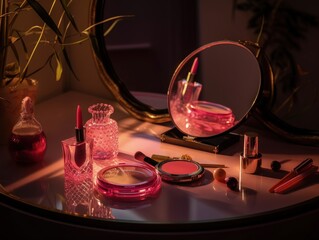 Obraz na płótnie Canvas Luxurious pink make up and perfume set on the pink table. Generative AI