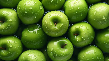 Top view of bright ripe fragrant green apples with water drops