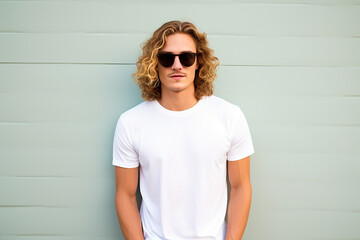 design mockup: young man with blond long hair with sun glasses wearing blank white t-shirt on a neutral background, studio shot - obrazy, fototapety, plakaty