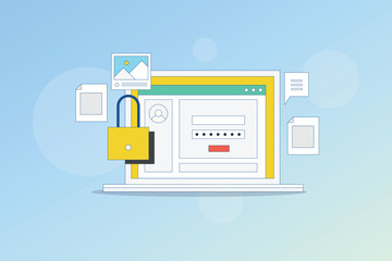 Online account security. User login dashboard. Data protected with password. Online document security. Vector illustration background.