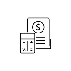Document, dollar, calculator. The concept of paying taxes, invoices, budget. Vector icon isolated on white background.