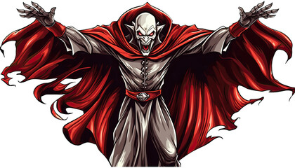 Vampire with sharp fangs and a flowing cape, ready to bite - Halloween vampire, bloodsucking, Dracula, immortal creature - obrazy, fototapety, plakaty